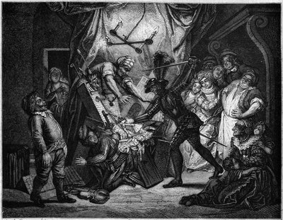 Don Quijote kämpft gegen die Puppen, die er für Mauren hält. Gravur von V. Beauce nach dem Gemälde von Charles Antoine Coypel (1694 - 1752), das den Roman von Cervantes (1547-1616) illustriert. In „Le Magasin picturesque“ von French School