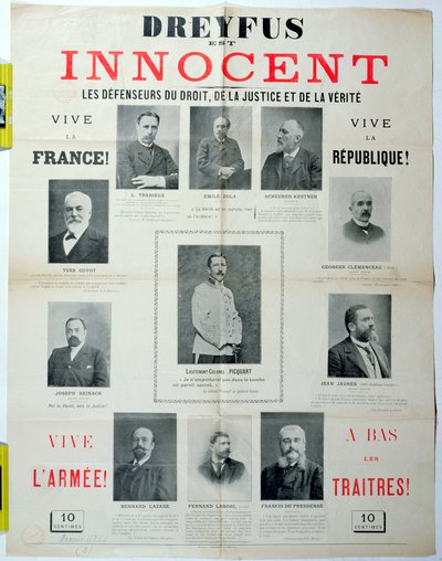 Dreyfus ist unschuldig, Plakat mit den Porträts seiner Verteidiger, Ende des 19. Jahrhunderts von French School