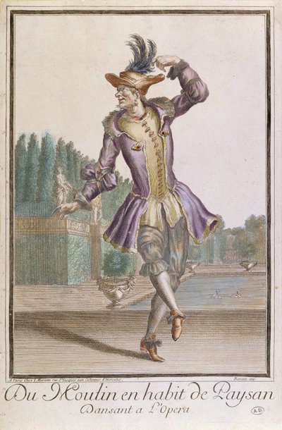 Du Moulin in einem Bauernkostüm für ein Ballett an der Oper, veröffentlicht von Mariette, spätes 17. Jahrhundert von French School