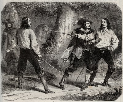 Duell mit dem Schwert zwischen dem Vicomte von Cahuzac und dem Marquis von Gesvres, in den die Königin von Frankreich Anne von Österreich verliebt ist, im Wald von Vincennes. 17. Jahrhundert. Gravur von 1871 in „Histoire Des Cocuses Celebres“ von Henry de  von French School