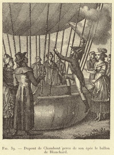 Dupont de Chambont durchbohrt Blanchards Ballon mit seinem Schwert von French School