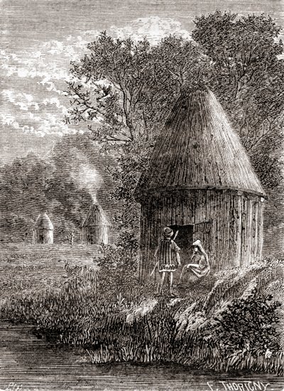 Frühe gallische Häuser, eine runde Hütte mit einem Loch im Dach, um den Rauch des Feuers entweichen zu lassen, aus 