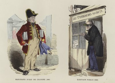 Eau de Cologne-Verkäufer, 1845, und öffentlicher Schreiber, 1840 von French School