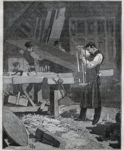 Ebenisterie: Ebenist-Arbeiter spaltet ein Brett am Werkstück. Gravur von 1885 in „Les arts et métiers illustrés“ von Adolphe Bitard. von French School