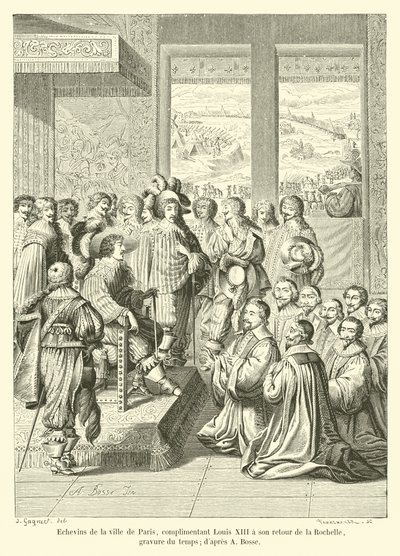Schöffen der Stadt Paris, die Ludwig XIII bei seiner Rückkehr aus La Rochelle begrüßen, zeitgenössischer Stich; nach A. Bosse von French School