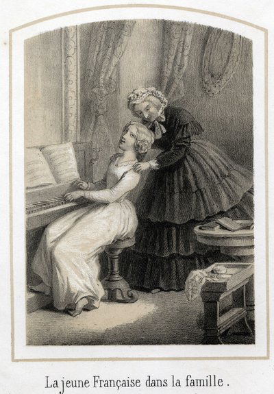 Erziehung für junge Mädchen aus guten Familien: Eine junge Französin, die auf dem Klavier sitzt, wird von ihrer Haushälterin übernommen. Anonyme Gravur des 19. Jahrhunderts von French School