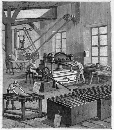 Galvanisieren - Galvanisierungswerkstatt von Monsieur Rousset in Paris im 19. Jahrhundert - Gravur in „Wissenschaften für jedermann - Physik und Chemie“ von Alexis Clerc - Ende 19. Jahrhundert - Privatbesitz von French School