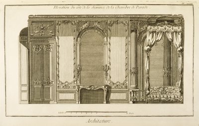 Aufriss des Schornsteinabschnitts der Parade-Kammer im Appartement der Herzogin von Orleans im Palais Royal in Paris, aus Diderots Enzyklopädie, veröffentlicht 1762 von French School