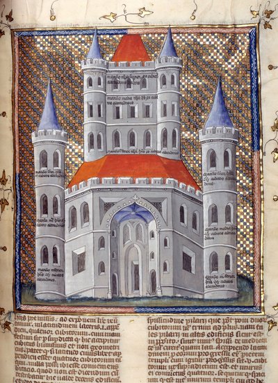 Erhebung der Fassade des Tempels von Salomo in Jerusalem Miniatur aus „Kommentare der Bibel“ von Nicholas von Lyra (13. Jahrhundert) 14. Jahrhundert Cambrai, Stadtbibliothek von French School