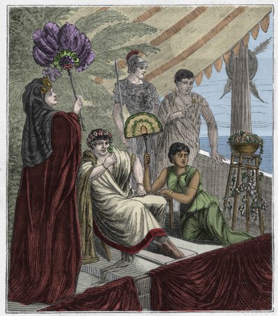 Smaragdlinse, verwendet als optisches Instrument von Kaiser Nero, Kaiser von Rom (54-68 n. Chr.), der Gladiatorenkämpfe durch einen konkav geschliffenen Smaragd beobachtet, der als Linse zur Korrektur seiner Myopie dient - Gravur in "Sciences mises à la ra von French School