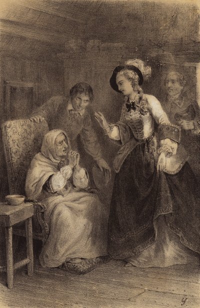 Kaiserin Maria Theresia von Österreich besucht eine arme, ans Haus gebundene Frau von French School