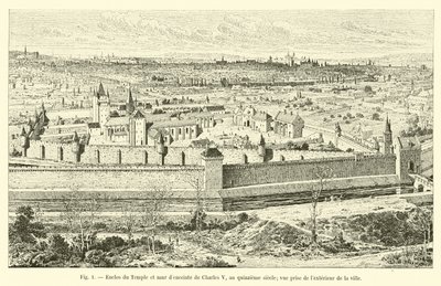 Enclos du Temple und Stadtmauer von Karl V., im fünfzehnten Jahrhundert, Ansicht von außerhalb der Stadt von French School