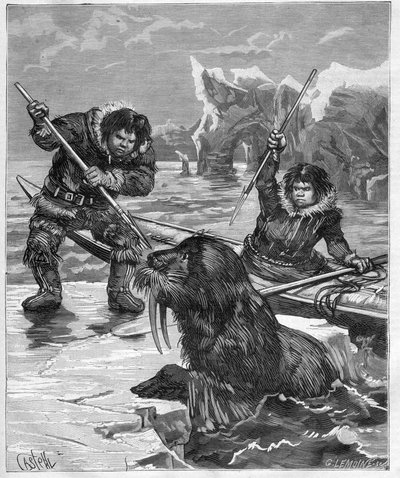 Eskimos - Walrossfischen - Eskimos - Walrossfischen im Jahr 1888 - - Gravur in „Journal des Voyages“ 1888 von French School