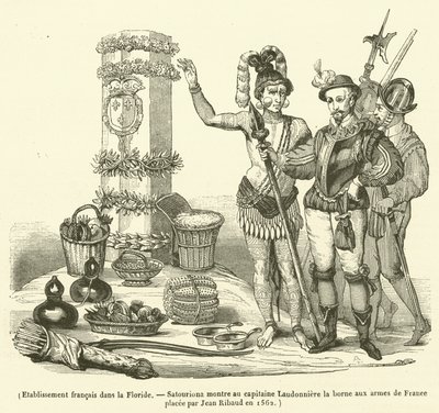 Französische Niederlassung in Florida, Satouriona zeigt Kapitän Laudonniere die von Jean Ribaud 1562 gesetzte Grenzmarke mit den Waffen Frankreichs von French School