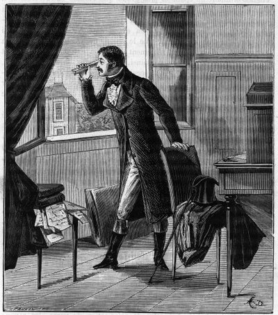 Etienne Louis Malus (1775-1812) beobachtet durch einen Spat die Lichtreflexion des Sonnenuntergangs an den Fenstern von Luxemburg im Jahr 1808 - Etienne-Louis Malus (1775-1812) französischer Offizier, Ingenieur, Physiker und Mathematiker - Gravur in "Wisse von French School
