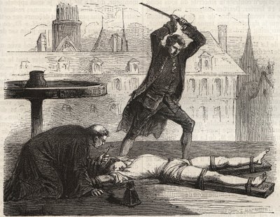 Hinrichtung (Le torice de la roue) des Giftmischers Antoine-Francois Desrues (1744-1777) auf der Place des Greves in Paris im Jahr 1777 - Bestrafung von Desrues, auf dem Rad gebrochen auf der Place de Greve in Paris von French School
