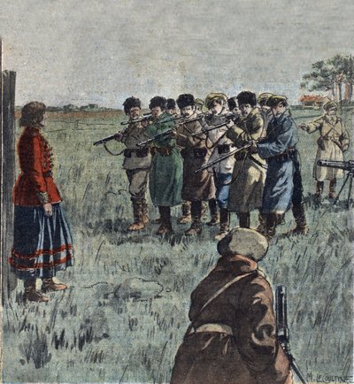 Hinrichtung der ukrainischen Anarchistin Marie Nikiforova durch sowjetische Soldaten, Illustration aus 