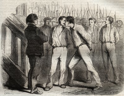 Hinrichtung der vier Sergeanten von La Rochelle am 21. September 1822: Bories, Raoulx, Gaubin, Pommier - Raoulx, der als erster gehen sollte, bat darum, seine Kameraden zu umarmen - Gravur in „Berühmte Fälle aller Völker“ von Armand Fouquier (1817-18?) von French School