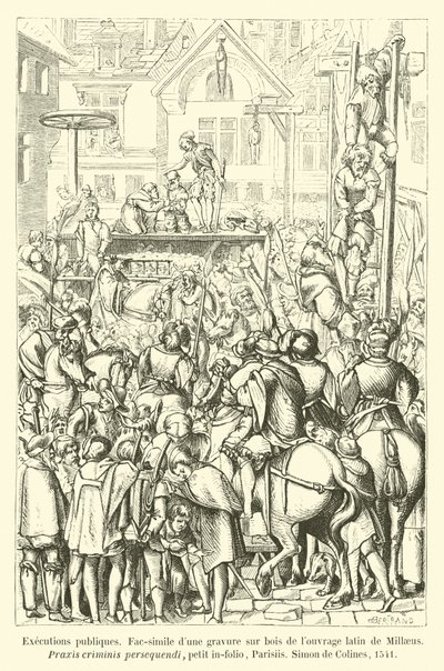 Öffentliche Hinrichtungen, Faksimile eines Holzschnitts aus dem lateinischen Werk von Millaeus, Praxis criminis persequendi, kleines Folio, Paris, Simon de Colines, 1541 von French School