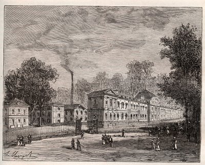 Außenansicht der Kaiserlichen Porzellanmanufaktur von Sevres, erbaut im Park von Saint Cloud nach den Plänen des Architekten Laudin - Gravur in „France illustree: geographie, histoire, administration statistique“ von V.-A. Malt-Brown. 1884 von French School
