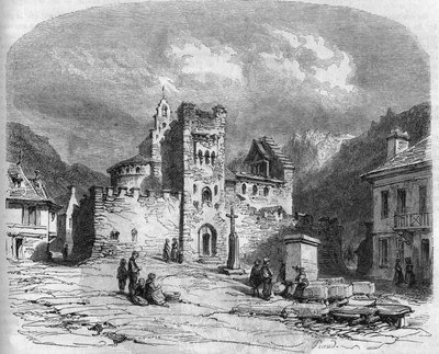 Außenansicht der Kirche Saint Andre (Kirche der Templer), befestigt im 14. Jahrhundert. Luz-Saint-Sauveur, Hautes-Pyrénées (65) von French School