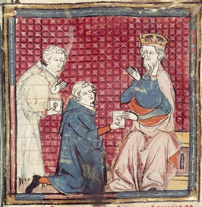 F.117r Boten berichten Karl dem Großen vom Sieg über die Sarazenen, aus den Grandes Chroniques de France, 1375-79 von French School