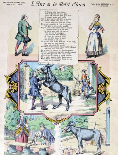 Fabel von La Fontaine „Der Esel und der kleine Hund“. Bild von Epinal-Pellerin von French School