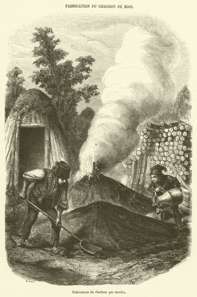 Herstellung von Holzkohle durch Meiler von French School