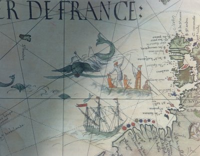 Faksimile von Walfang und Insel Saint Brandon, Detail aus einer Portolankarte von Pierre Desceliers, 1546, veröffentlicht in Monuments de la Geographie von Edme Francois Jomard von French School
