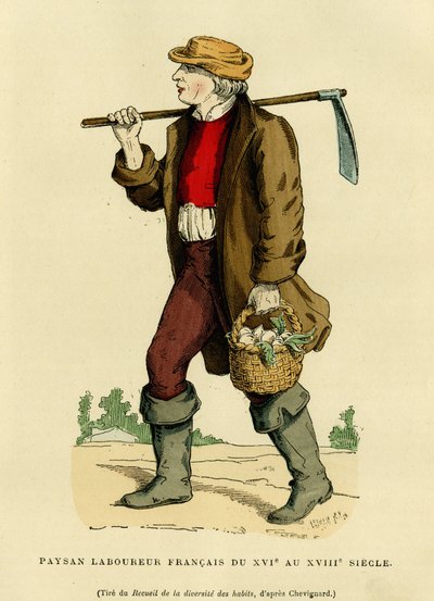 Bauerntracht aus dem 17. bis 18. Jahrhundert. Farbige Gravur nach einer Zeichnung von Chevignard, in „Frankreich und die Franzosen durch die Jahrhunderte“ von Augustin Challamel, F.Roy Herausgeber, Paris 1882. Selva Sammlung. von French School