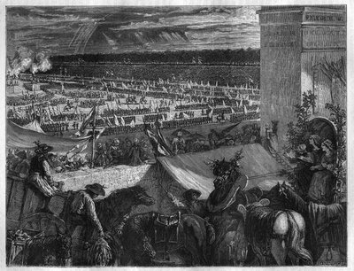 Fest der Föderation auf dem Champ de Mars in Paris am ersten Jahrestag der Erstürmung der Bastille am 14. Juli 1790. Gravur in „Histoire des Papes-Rois-Königinnen und Kaiser durch die Jahrhunderte“ von Maurice Lachatre von French School