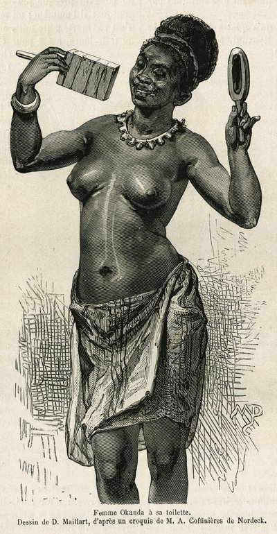Frau Okanda bei ihrer Toilette, Zeichnung von D. Maillard zur Illustration der Geschichte einer Reise nach Gabun und zum Ogowe-Fluss in den Jahren 1875-1877 von Alfred Marche. Gravur in Le Tour du monde von French School