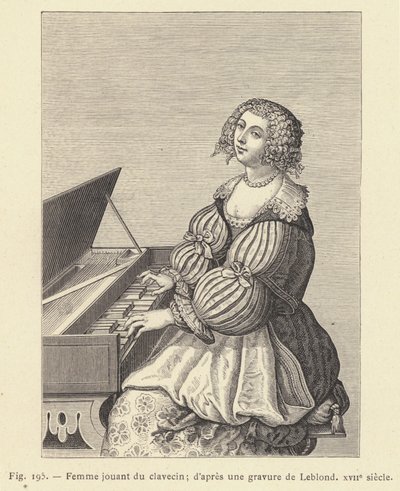 Frau spielt Cembalo, nach einem Stich von Leblond, 17. Jahrhundert (Stich) von French School