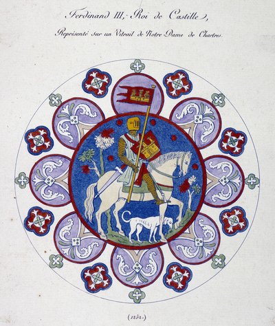 Ferdinand III., König von Kastilien, dargestellt auf einem Glasfenster von Notre Dame de Chartres (1252). College-Simile. von French School