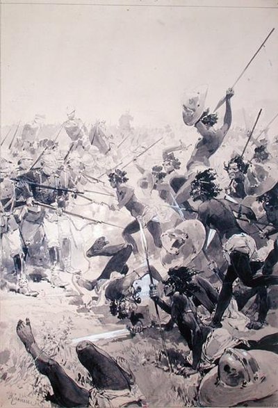Kämpfe zwischen Zulus und englischen Soldaten, ca. 1878 von French School