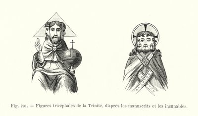 Dreiköpfige Figuren der Dreifaltigkeit, nach Manuskripten und Inkunabeln von French School