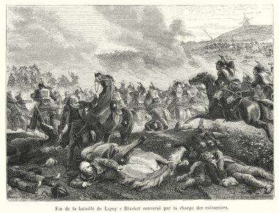 Ende der Schlacht von Ligny, Blücher wird von der Kürassierladung umgeworfen (Gravur) von French School