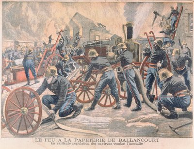 Feuerwehrmänner bekämpfen einen Brand in einer Papierfabrik in Ballancourt, aus Le Petit Journal, 1905 von French School