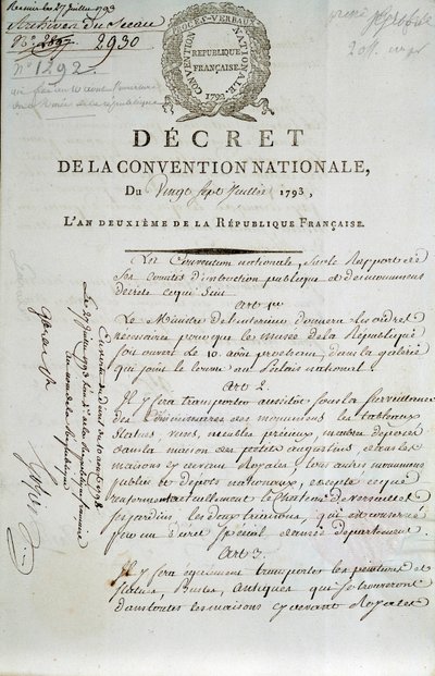 Erste Seite des Dekrets des Nationalkonvents vom 27.07.1793 zur Einrichtung des Palais du Louvre als Museum von French School
