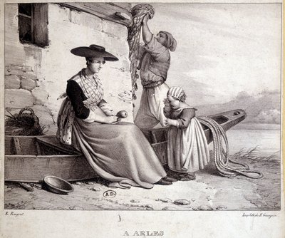 Fischer, seine Frau in regionaler Tracht und ihr Kind in Arles von French School