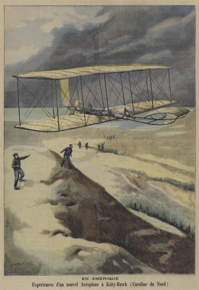 Flug des Flugzeugs der Gebrüder Wright in Kitty Hawk, North Carolina von French School