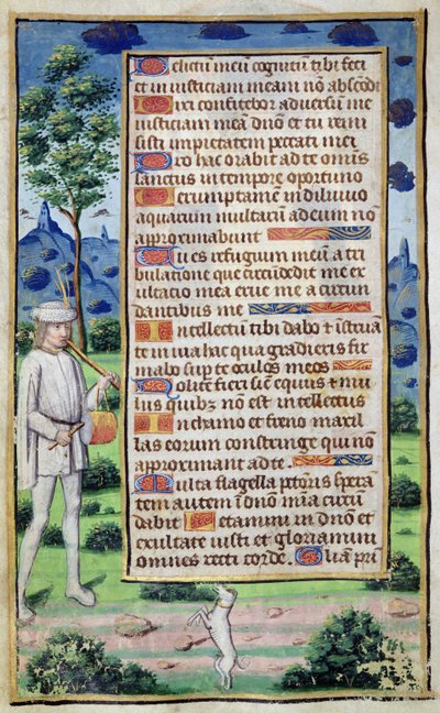 Fol.50v Seite mit Text und Randdetail eines Musikers, der seinen Hund tanzen lässt, aus 