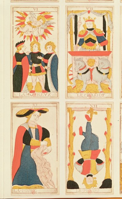 Vier Tarotkarten, die Die Liebenden, Der Wagen, Stärke und Der Gehängte darstellen (farbiger Holzstich) von French School
