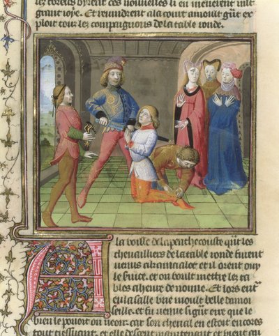 Fr.120 f.522v Die Ritterschlagung von Lancelot aus der Geschichte von Lancelot in La Quite de Saint Graal von French School