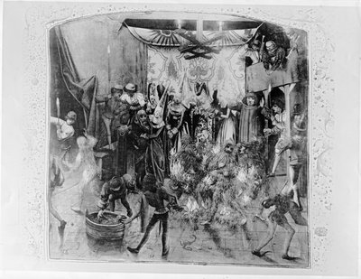 Fr 2646 f.176 Bal des Ardents, Karl VI (1380-1422) wird von der Herzogin von Berry gerettet, nachdem Louis von Orleans die Kostüme der Tänzer in Brand gesetzt hat, aus Froissarts Chronik, 1392 von French School