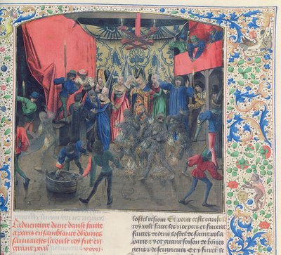 Bal des Ardents, Charles wird von der Herzogin von Berry gerettet, nachdem Louis von Orleans die Kostüme der Tänzer in Brand gesetzt hat, 1392, aus Froissarts Chronik von French School