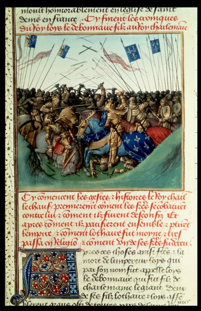 Lothar I (795-855), Kaiser des Westens, im Kampf mit seinen Brüdern Ludwig dem Deutschen (ca. 804-76) und Karl dem Kahlen (823-77) in Fontenoy en Puisaye im Jahr 841 von French School