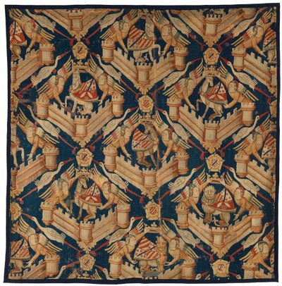Fragment eines heraldischen Wandteppichs, das die Wappen von Beaufort, Turenne und Comminges darstellt, hergestellt in Paris oder Arras (Wolle) von French School