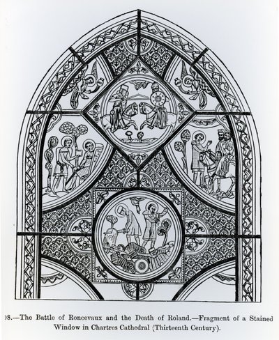 Fragment eines Buntglasfensters in der Kathedrale von Chartres, das die Schlacht von Roncevaux und den Tod von Roland darstellt, Illustration aus Wissenschaft und Literatur im Mittelalter und der Renaissance von French School