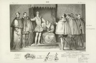 Franz II. von Frankreich informiert die Abgeordneten des Parlaments, dass er seine Onkel, den Herzog von Guise und Charles, Kardinal von Lothringen, zu seinen Regenten gewählt hat, 1559 von French School